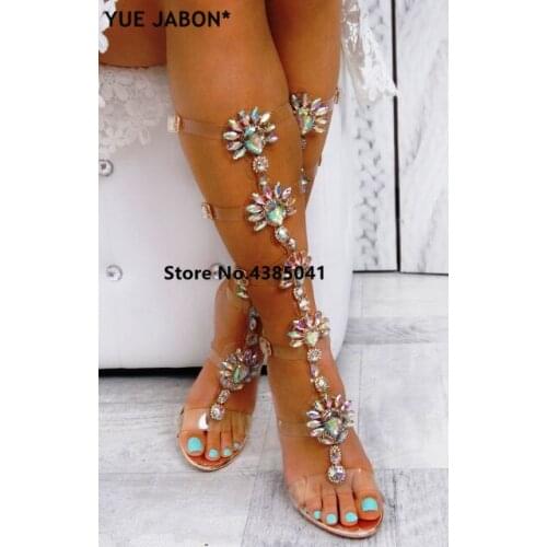 YUE JABON Trendy Design Buckle Straps Flat Heel Sandals Gold Woman Knee High Gladiator Sandal Boot Bohemia Crystal Beach Shoes
