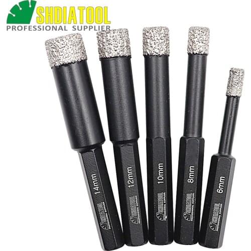 SHDIATOOL 5pcs (dia6/8/10/12/14mm)Dry drilling bits with Hex shank Vacuum Brazed diamond drill bits for granite marble ceramic