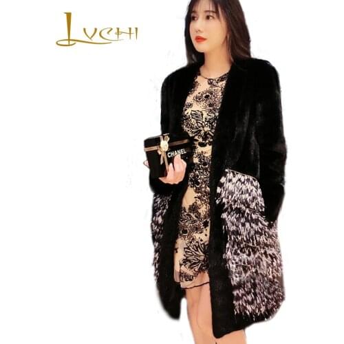LVCHI Winter 2019 Mink Coat Womens V-Neck Patchwork Ostrich feather Mink Coat Slim Black Lady Loss Medium Cool Lady Mink Coats