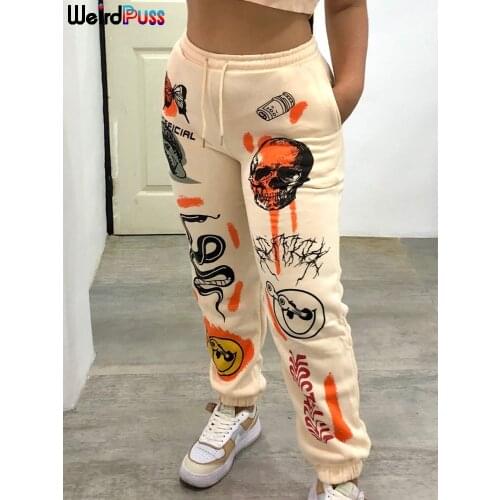 Weird Puss Graffiti Print Hip Hop Pants Women Bandage Baggy High Waist Long Trousers Cotton Streetwear Casual Sweatpants Bottoms