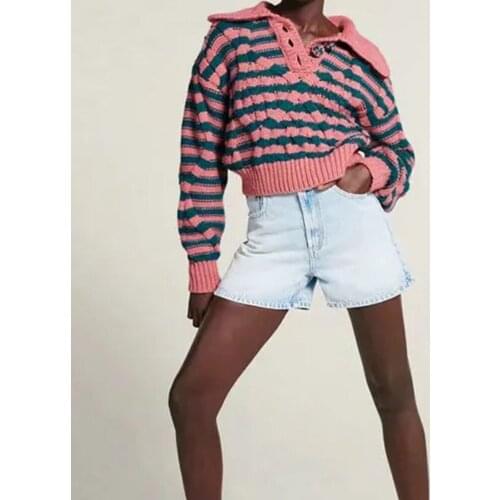 XIKOM 2021 Women Peter Pan Collar Striped Lantern Sleeve Knitwear Sweater Female Vintage Sweet Short Pullover Knitwear