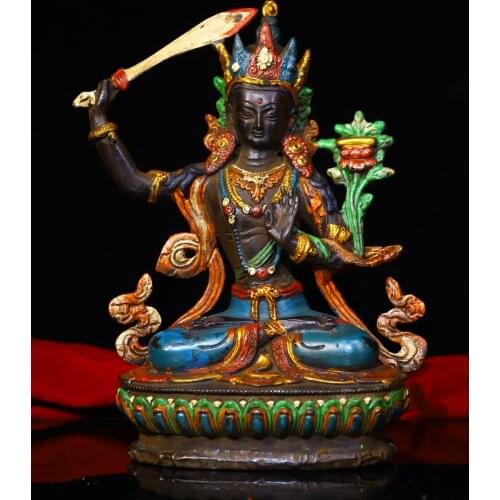 Tibetan Buddhist handmade Manjushri buddha Statue, Old Pure copper Hand painted Bodhisattva sculpture