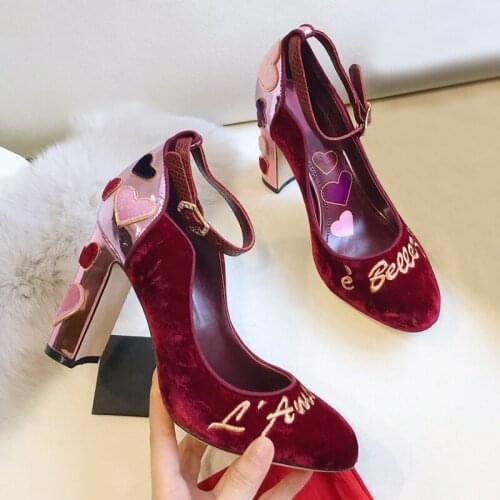 Heart Chunky Heels Mary Jane Pumps Embroidery Wedding Pumps Patchwork Ankle Strap Buckle Shoes