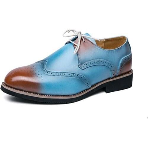 Fashion Spring Autumn New Men Brogue shoes Bullock Men Dress Shoes Man Wedding Shoes Lace-up Mixed Color White/Blue Oxford Shoes