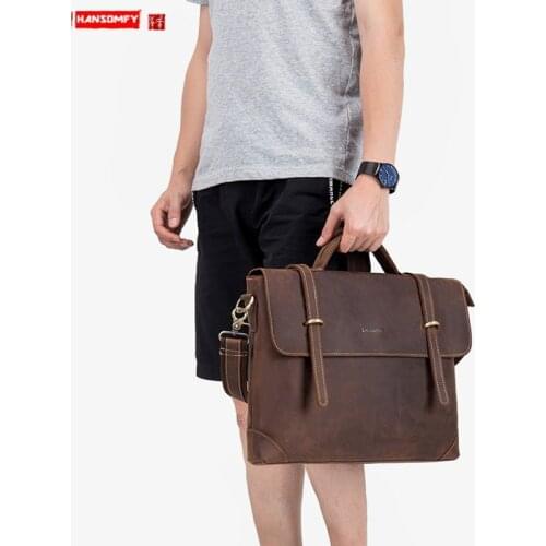 Vintage Leather Mens Bag, Business Large-capacity Handbags, Leather Briefcases, 14 Inch Laptop Bag ,Shoulder Messenger Bags