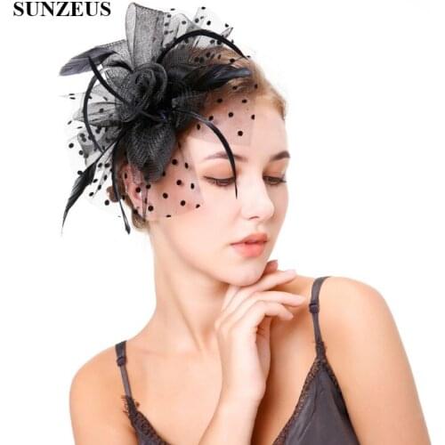 Dot Tulle Bridal Hats Elegant Feathers Tulle Flowers Fascinators Black Hats Womens Important Party Hair Accessories SH52