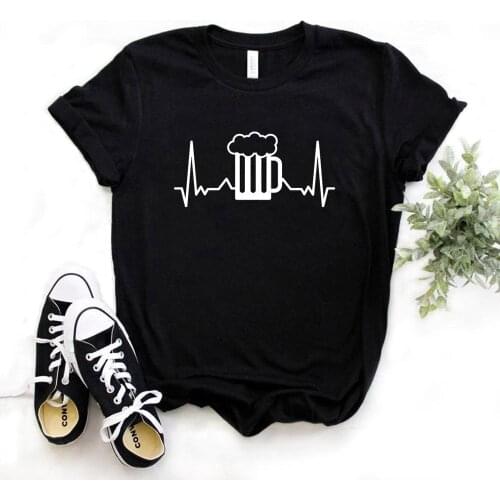 Women T Shirt Beer Mug Heartbeat Print Tshirt Women Short Sleeve O Neck T-shirt Ladies Causal Tee Shirt TX5747