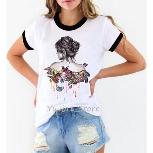 Watercolor butterflies lady print vintage t shirt women streetwear aesthetic clothes gothic top female t-shirt basic tshirt