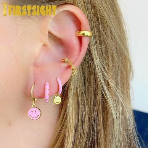 2021 New Gold Color Colorful Enamel Happy Smiley Face Charm Earring Delicate Dangle Drop Earrings Girl Women Fashion Jewelry