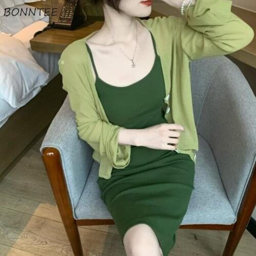Dress Sets Women Summer Simple Elegant New Vintage Korean Style Clothing Fashion Daily Leisure Soft Solid Fit Tender Chic Ladies