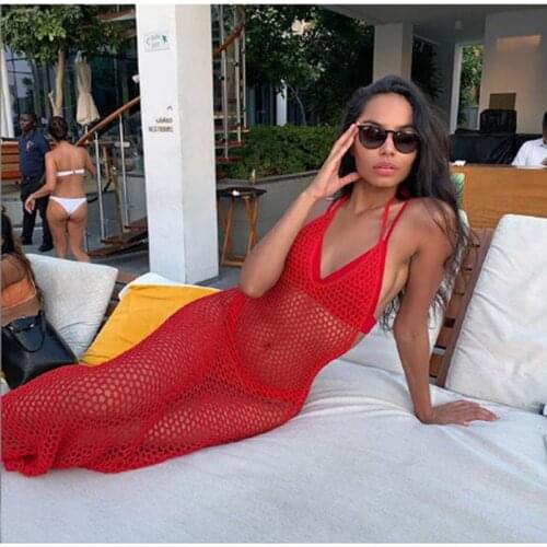 Womens Sexy Cover-Up Dress Hollow Out Sling V-Neck Solid Color Long Maxi Dress Summer Holiday Beachwear Swimwear Swimsuit