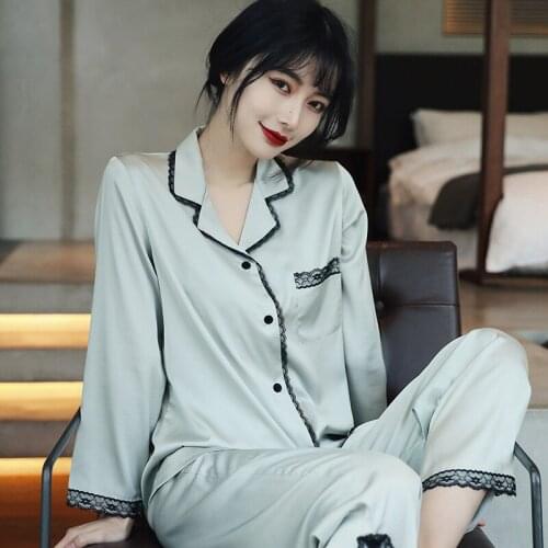 2021 Spring Summer Pajamas Set New Sexy Ice Silk Thin Sleepwear Long-Sleeved Net Red Pyjamas Women Homewear Pijamas De Mujer