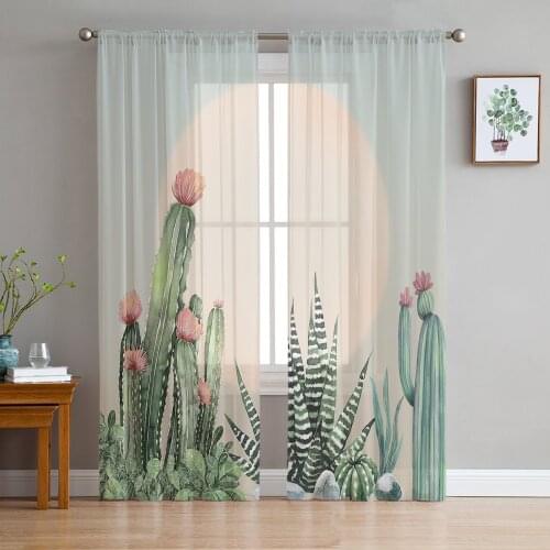 Tropical Plant Cactus Sun Window Treatment Tulle Modern Sheer Curtains for Kitchen Living Room the Bedroom Curtains Decoration
