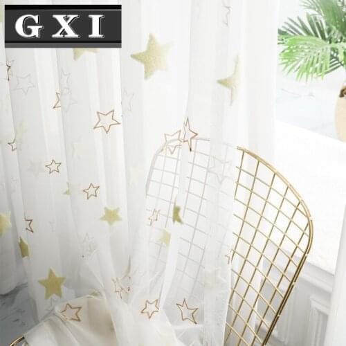 GXI Light Yellow Cute Embroidered Star Sheer Curtains For Kids Bedroom Window Treatments Tulle Curtains Living Room Drapes