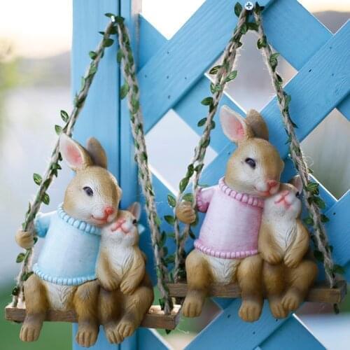 Swing Simulation Hanging Rabbit Sculpture Resin Swing Garden Animals Hemp Rope Pendant Ornaments Courtyard Balcony Sill Decor