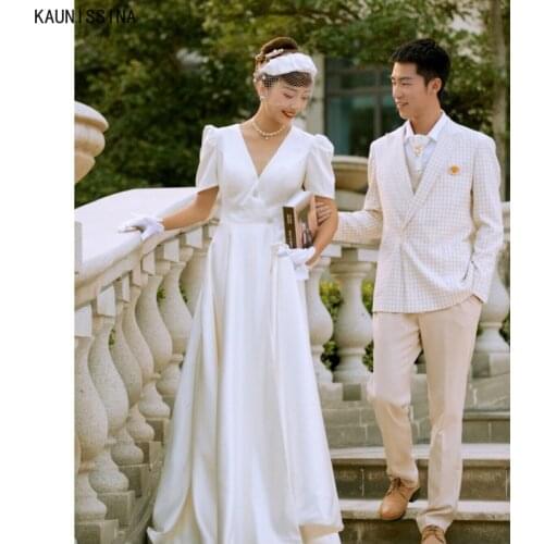 KAUNISSINA Satin Long Bridal Dress Women Short Puff Sleeve V-Neck Wedding Dresses Floor Length White Simple Bride Vestidos Robe