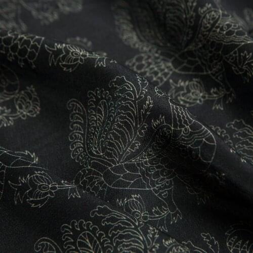 Chinese Phoenix painting printed silk crepe de chine fabric, sewing for shirt, dress, skirt, blouse, pants, craft by the yard