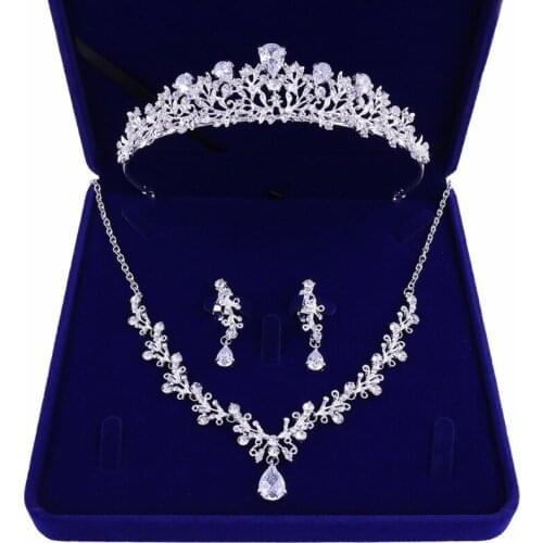 Luxury Bridal Jewelry Sets for Women Zircon Necklace and Earrings Set for Wedding with Crystal Tiara Gift Box Included