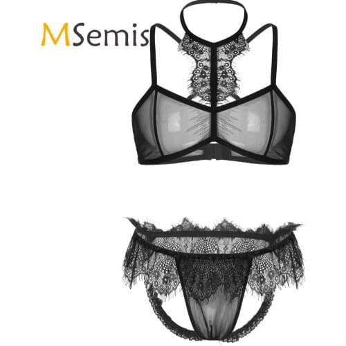 2Pcs Mens Sissy See Through Sheer Mesh Lace Trim Lingerie Set Halter Neck Bra Top with Open Butt Jockstrap Briefs Underwear