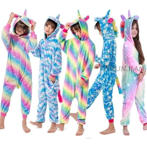 Unicorn Onesie For Kids Flannel Warm Winter Pyjamas Girls Boys Animal Unicorn Panda Tiger Pig Pajamas Kids Sleepwear Baby Wear