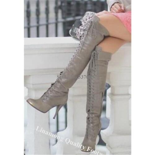Linamong Elegant Pointed Toe Knee High Stiletto Heel Boots Lace-up Leather High Heel Long Boots Motorcycle Boots Dress Shoes