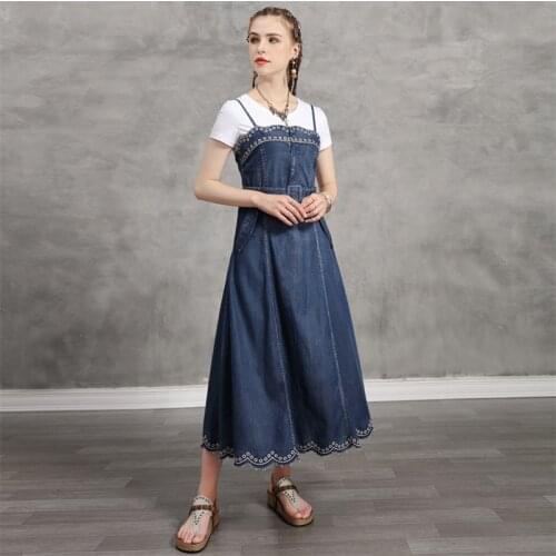 Summer Denim Dress 2020 Vintage Women Embroidery Dress A-line Belt Slim Waist Dresses Swing Hem Vestidos K82225 Female Dress