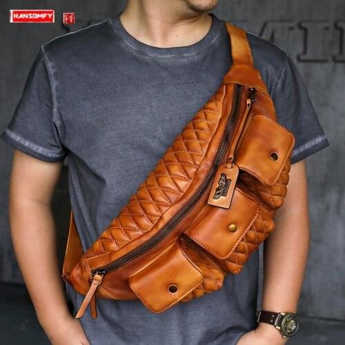 Dumpling Chest Bag, the First Layer of Vegetable Tanned Cowhide, Retro Leather Mens Shoulder Messenger Bag, New Riding Men Bags