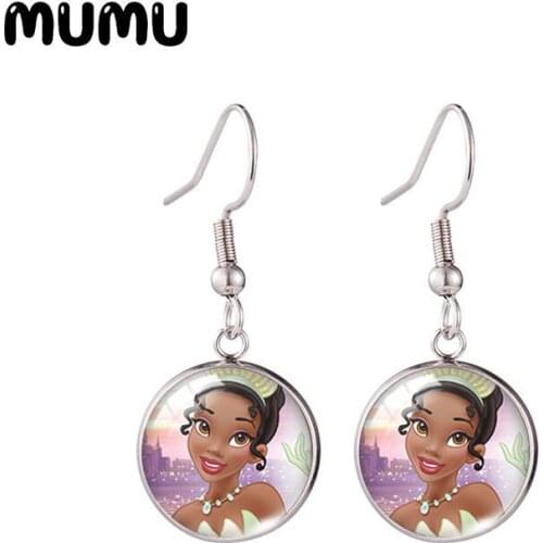 2021 New Princess Tiana Fish Hook Earring Princess with Frog Photo Round Jewelry Glass Dome Earrings Gifts Girl