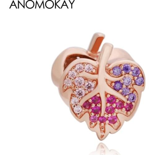 Anomokay HOT New Mix Color Crystal Leaf Charm for Bracelet & Bangle Rose Gold Color Big Hole Leaf Beads for DIY Jewelry Making
