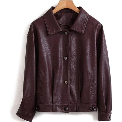 Autumn Short Soft Purple Leather Jacket Women Long Sleeve Korean Fashion Leather Coat Women Single Breasted Black Leather Top