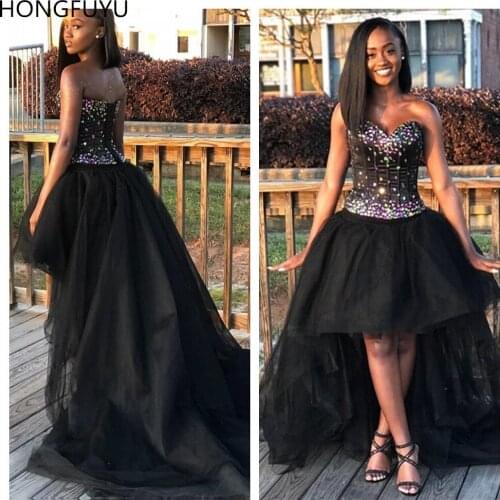 HONGFUYU robe de soiree Black A Line High Low Evening Dresses Bling Crystals Sweetheart Prom Gowns Corset African Formal Dress