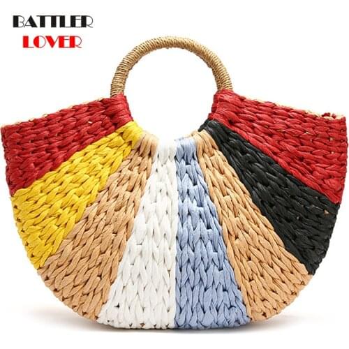 Women Handbag Summer Beach Bag Rattan Woven Handmade Knitted Straw Large Capacity Totes Leather Womens Shoulder Bag Bohemia New