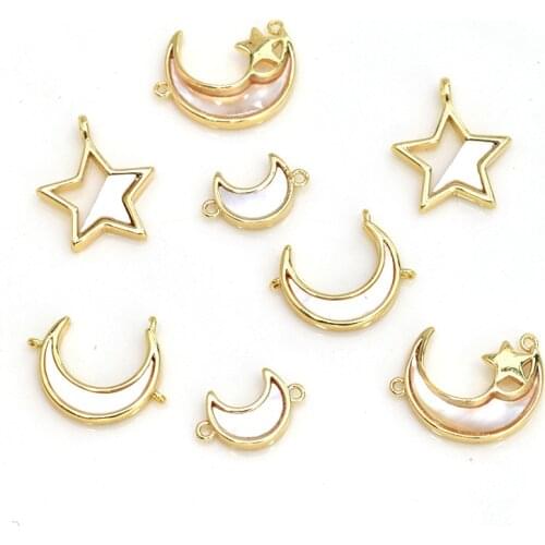 High Quality Inlaid Zircon Copper Natural Shell Charms Moon Star Connector 4pcs/lot For DIY Jewelry Earrings Making Accessories