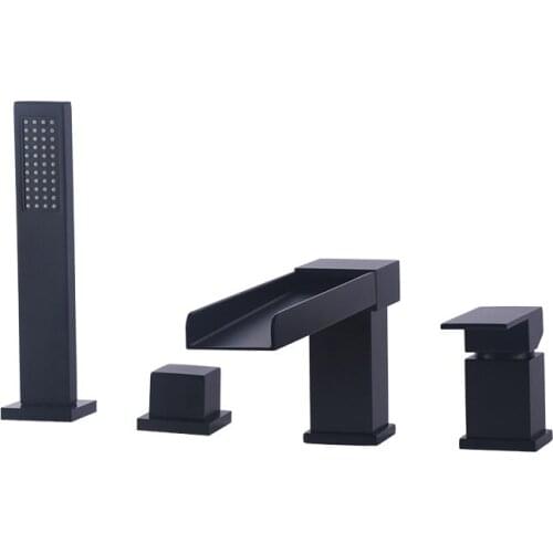Luxury Waterfall Brass Bathtub shower faucet set 4 holes Single handle Dual control Bathroom Cold hot Shower faucet set,Black