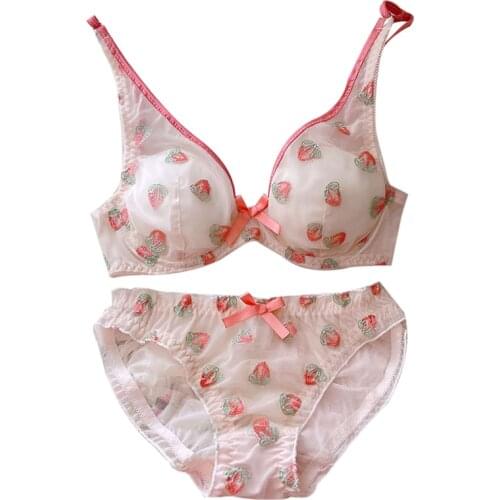 Sexy Underwear Womens Exotic Lingerie Set Cute Lace Bralette Kawaii Embroidered Strawberry Sheer Mesh Underwire Bra and Panty