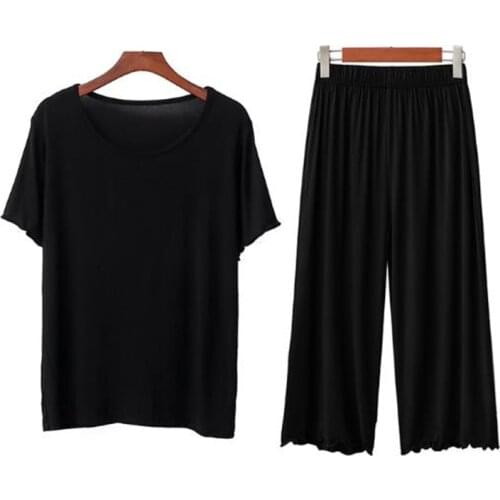 Loose large size pijamas women short sleeve cropped trousers sleepwear set modal cotton pajamas for female fat mm pyjamas suit