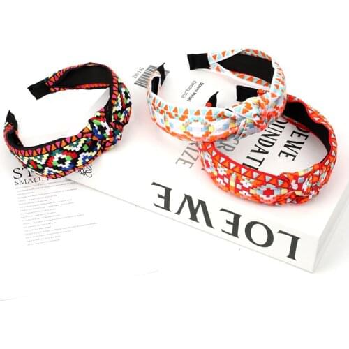 2020 New Embroidery Hairband Straw Weaving Knotted Headband for Women Cross Handmade Hair Hoop Hair Accessories