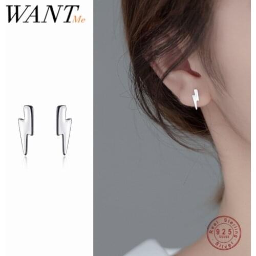 WANTME 925 Sterling Silver Chic Charm Lightning Mini Small Stud Earrings for Women Punk Rock Black Minimalist Piercing Jewelry