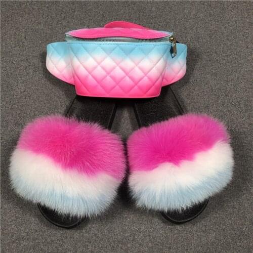 Ladies Fur Slides Women Fox Fur Slippers Shoulder Bags Set Furry Sandals Female Indoor Flip Flop Jelly Crossbody Purse Shoes