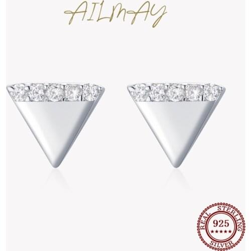 Ailmay Triangle Geometric Design Clear Zircon Stud Earrings For Women Cute Accessories Fashion 925 Sterling Silver Jewelry