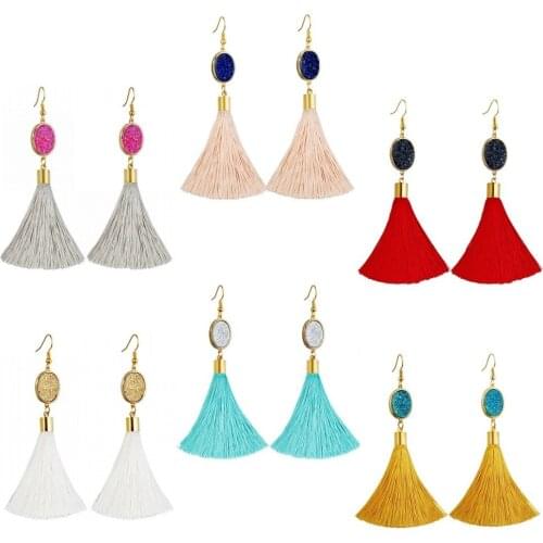 TUMBEELLUWA Oval Natural Quartz Titanium Druzy Crystal Bohemia Tassel Hook Drop Dangle Earrings for Women