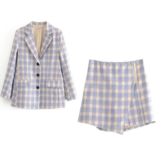Womens suit new style temperament blue check suit collar suit jacket + high waist check asymmetric skirt pants two piece set