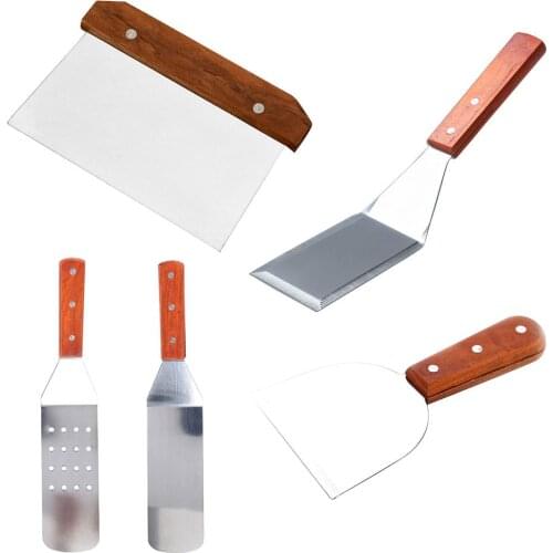 1/5Pcs Stainless Steel Fried Shovel Spatula Steak Pizza Grasping Cutters Spade Pastry Tools Wooden Handle Kitchen Utensils