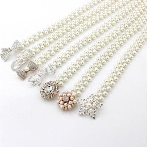 1PC Women Pearl Belt Waist Belt Elastic Buckle Pearl Chain Belts For Women Dress Belt Crystal Bows Waist Belts Cinturon Mujer