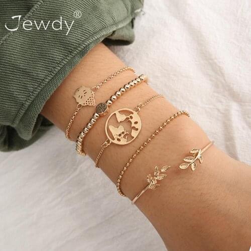5 Pcs/Set Fashion Bohemian Buddha Leaf Earth Map Cuff Gold Chain Charm Bracelet Bangle for Women Gold Bracelets Femme Jewelry