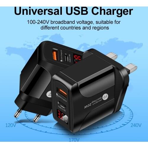 Suitable for iphone12 QC3.0 fast charge PD mobile phone charger US EU UK Plug 20W digital display charging head travel charger
