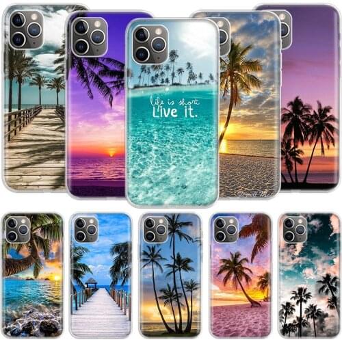 Summer Beach Scene at Sunset on sea Palm Tree Phone Case for Apple Iphone 8 7 6 6S X XS XR 11 12 Pro Max Mini Plus 5 5S SE 2020