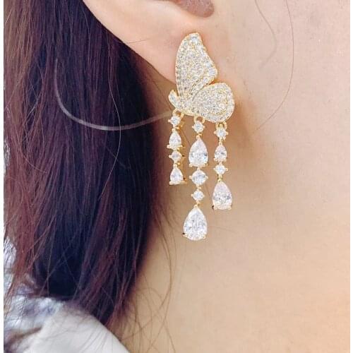 Trendy Butterfly Shape Cubic Zirconia Long Pendant Wedding Party Big Earrings fashion jewelry E10058