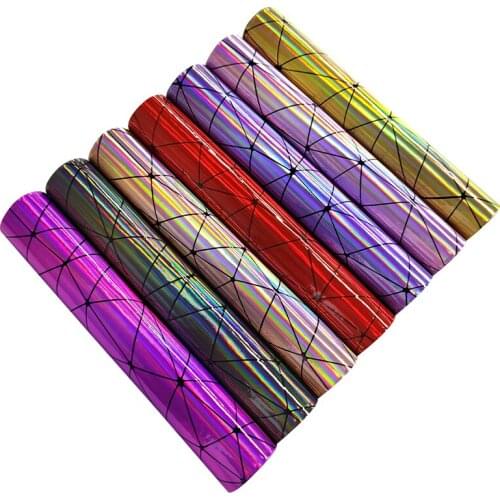 Geometric Design Printed PU Holographic Laser Metallic Faux Leather Fabric Sheet for Making Shoe/Bag/Handbag/Craft
