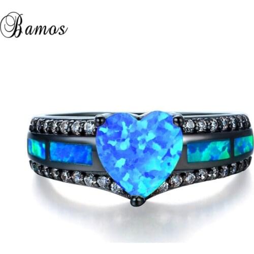 Bamos White/Blue Fire Opal Engagement Ring Women Vintage Black Gold Filled Zircon Ring Unique Wedding Jewelry Bridesmaid Gift